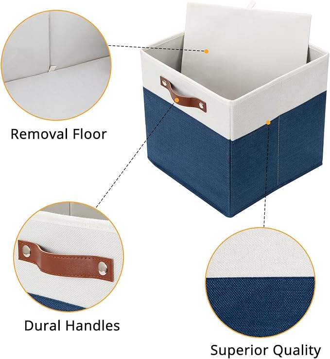 DULLEMELO 12 inch Cube Storage Bins, Gift Baskets Empty for Boy Girl Mother Father Christmas Festival,Fabric Storage Bins Cube Organizer Baskets With Leather Handles(White&Blue-4 Pack)
