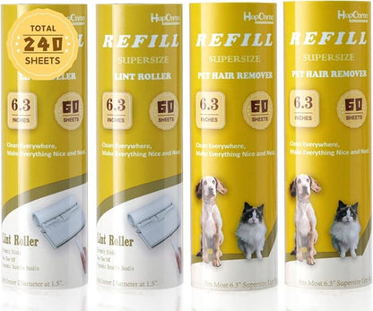Large Surface Lint Roller Extra Sticky Refills, Total 240 Easy Tear Sheets, Insert Tube Measures 1.5" and Fits Most Supersize 6.3'' Wider Lint Roller, Works Great On Pet Hair(Pack of 4)