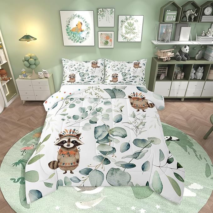 Erosebridal Cute Raccoon King Bedding Sets for Kids Child Green Eucalyptus Comforter Set, Woodland Animal Duvet Insert Botanical Plant Leaves Down Comforter, Cartoon Wildlife Bedding Comforter Sets