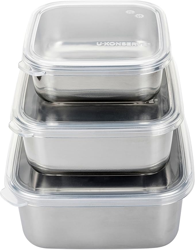 U Konserve Stainless Steel Nested Trio Food Storage Container Bento Box, Set of 3 (15, 30, & 50 oz), Leak Resistant, Silicone Lid, Dishwasher Safe, Plastic Free