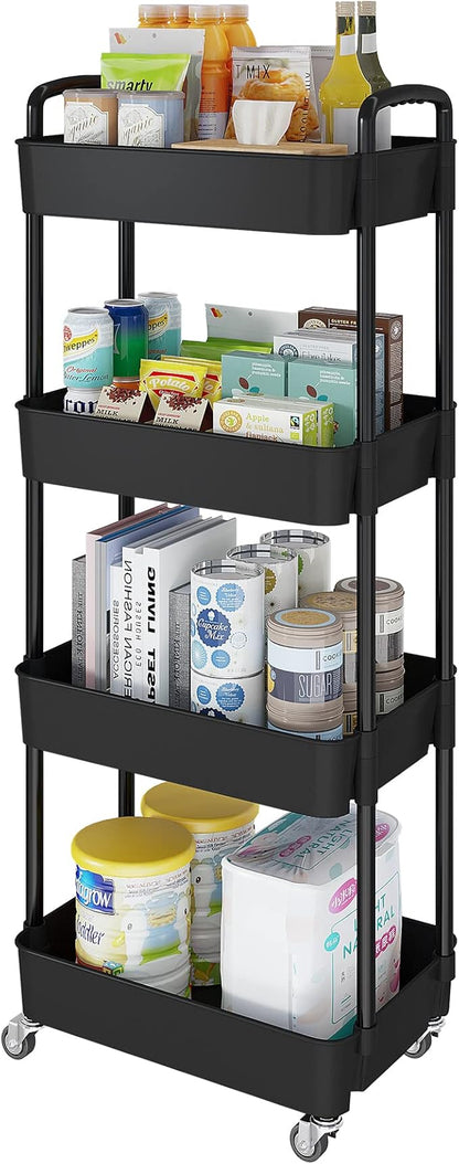 Laiensia 4-Tier Rolling Cart with Wheels,Multifunction Utility Storage carts, Kitchen Storage Organizer,Mobile Shelving Unit for Bathroom,Laundry,with Classified Stickers,Black