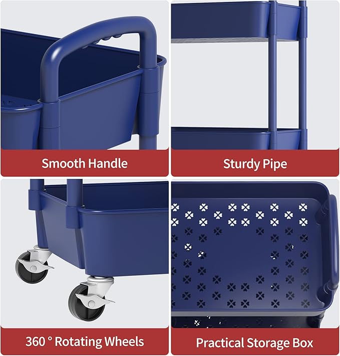 Sywhitta 3-Tier Plastic Rolling Utility Cart with Handle, Multi-Functional Storage Trolley for Office, Living Room, Kitchen, Movable Storage Organizer with Wheels, Blue