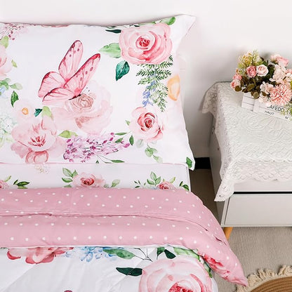 4 Piece Toddler Bedding Set for Girls, Butterfly Toddler Comforter Set, Ultra Soft Toddler Bed Set Includes Comforter, Flat Sheet, Fitted Sheet, Pillowcase (Pink Floral & Butterfly Pattern)
