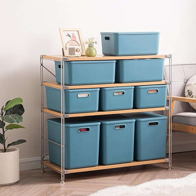 Plastic Storage Bins with lids,Storage Baskets,Container with handle,Storage Organizer Bins for Shelves,Office,Bedrooms,Closets, Cabinets(Blue, 4XL)