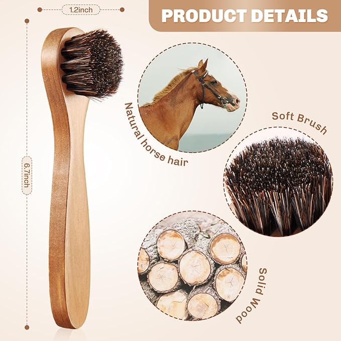 4 Pcs Horsehair Shine Shoes Brush Kit Polish Dauber Applicators Cleaning Leather Shoes Boots Care Brushes Suede Cleaner Brush with Microfiber Shoe Cloth(Wooden Handle A)