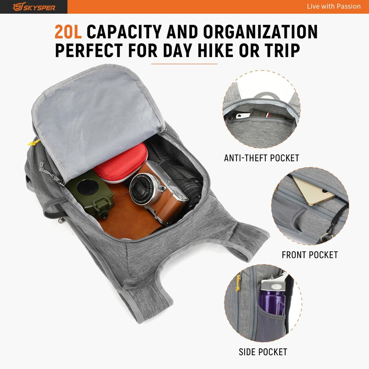 SKYSPER Small Daypack 10L/15L/20L Hiking Backpack Packable Lightweight Travel Day Pack for Women Men