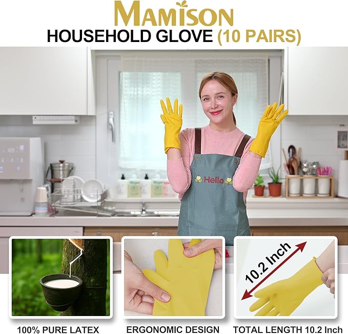 MAMISON 10 Pack Simple and Short Hands Gloves, Reusable Non-Slip Rubber Gloves Large Size