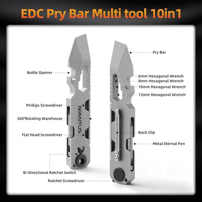 EDC Pry Bar Multitool with Bi-Directional Ratchet Screwdriver & Everlasting Pen, Wrenches, Crowbar, Bottle and Box Openers - Your Versatile Companion for Everyday Carry and Camping Accessories