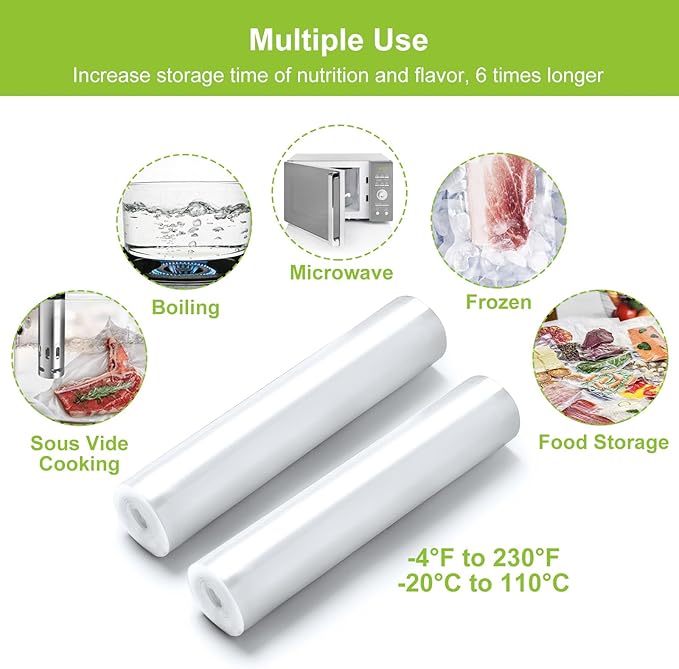 Bonsenkitchen Vacuum Food Sealer Rolls Bags, 2 Packs 8 in x 20 ft, BPA Free, Durable Commercial Customized Size Bags for Storage and Sous Vide Cooking,VB3206