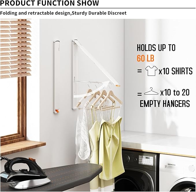 Clothes Drying Rack for Laundry Drying Rack Wall Mounted Clothes Hanger Rack Retractable Laundry Hanger Dryer Rack Space Saving Closet Organizer Aluminium (White)