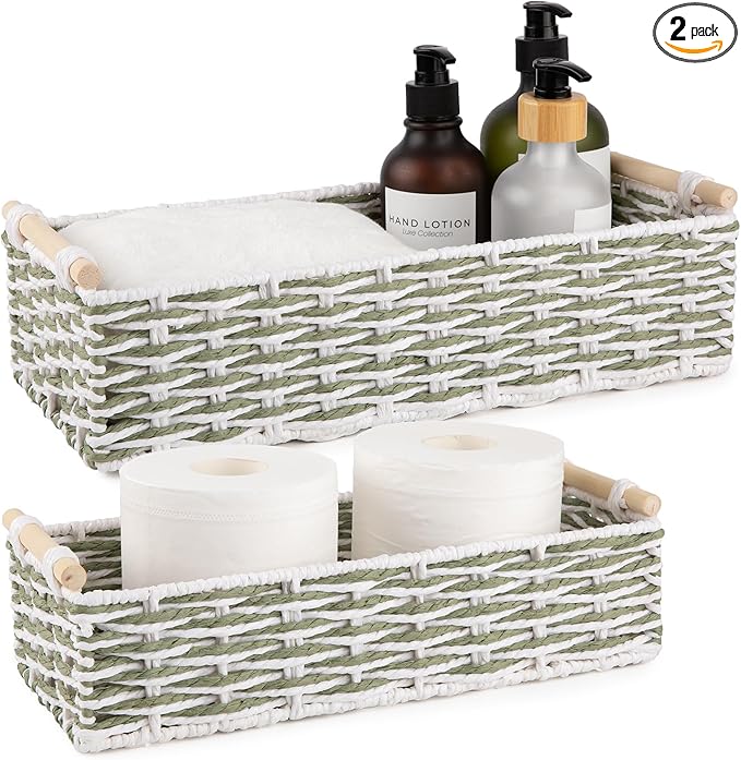 OIAHOMY Toilet Paper Baskets Handmade Paper Rope Decorative Wicker Storage Tank Shelf Cabinet Organizer for Bathroom Home, Set of 2, Green & White