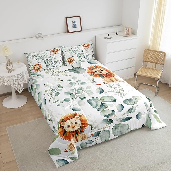 Erosebridal Cute Lion Bedding Toddler Size for Kids Child Green Eucalyptus Comforter Set Toddler, Woodland Animal Duvet Insert Plant Leaves Quilt Comforter, Cartoon Wildlife Bedding Comforters & Sets