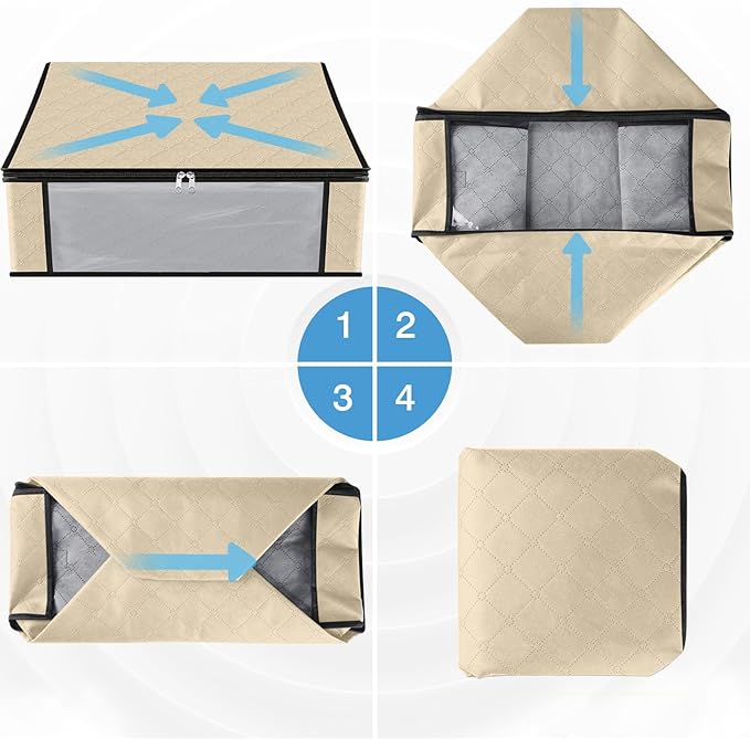 HomeHacks Storage 10-Pack Clothes Organizer Storage Bags Foldable Storage Box with Large Clear Window Sturdy Handles for Closet, Dorm, Pillows, Bedding, Clothes, Blankets, 35L, Beige