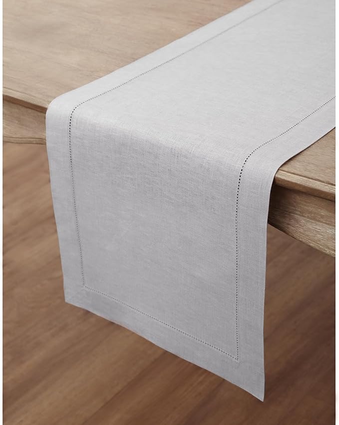 Solino Home Linen Soft Grey Table Runner 132 Inches Long - 100% Pure Linen Extra Long Table Runner 14 x 132 Inch for Christmas, New Year - Classic Hemstitch