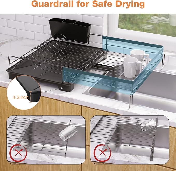 Dish Drying Rack,Extendable Dish Rack,Drying Rack with Automatic Drainboard，Dish Drainers for Kitchen Counter,Anti-Rust Dish Drainers with Cup Holders & Utensil,Black