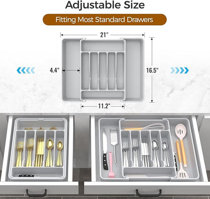 Extra Large Expandable Silverware Organizer, BPA-Free Food-Safe Cutlery Flatware Organizer, Kitchen Utensil Drawer Organizer, Adjustable Silverware Holder for Spoons Forks Knives, Gray