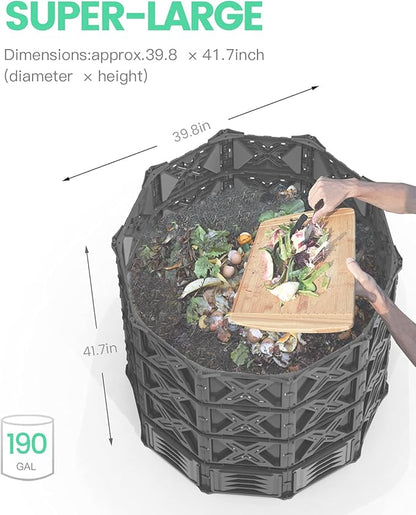 Large Compost Bin - 190 Gallon (720 L) Garden Composter with Better Aeration System, Easy Assembling/BPA Free/Sturdy/Outdoor Compost Tumbler