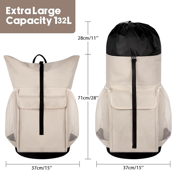 Laundry Backpack Bag, 132L Extra Large Heavy Duty Laundry Backpack for College Dorm Essentials, Laundry Hamper Travel Bag with Shoulder Straps and Mesh Wash Bags for Laundromat, Apartment Khaki