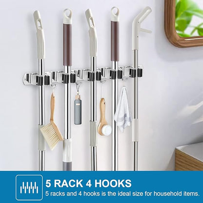 IMILLET 2 Pack Wall Mount Broom Holder Stainless Steel 5 Racks with 4 Hooks Broom Organizer Self Adhesive Heavy Duty Laundry Room, Garage Organization Storage