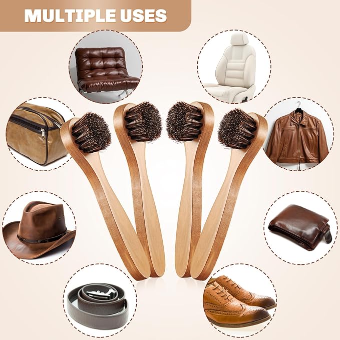 4 Pcs Horsehair Shine Shoes Brush Kit Polish Dauber Applicators Cleaning Leather Shoes Boots Care Brushes Suede Cleaner Brush with Microfiber Shoe Cloth(Wooden Handle A)