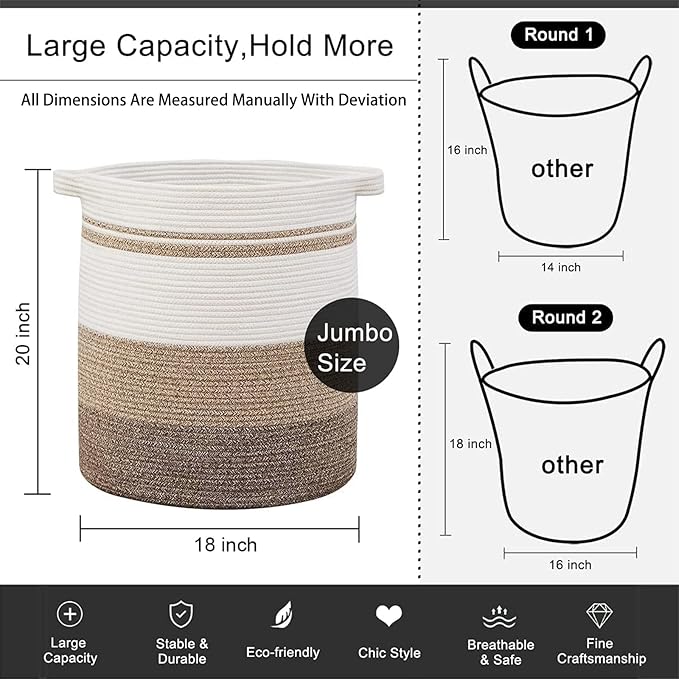 OIAHOMY 80L Laundry Baskets Hamper with Handles,Decorative Basket for Living room,Woven Storage Basket for Toys Bin,Pillows, Blankets,Clothes-20x18in-Gradient Yellow