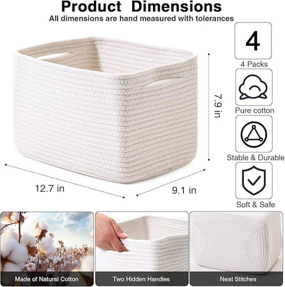 White Storage Baskets for Organizing, Woven Storage Baskets for Shelves, Cotton Rope Basket for Storage, Cute Rectangular Book Toy Basket, 12.7"×9.1"×7.9", 4 Packs, Off White