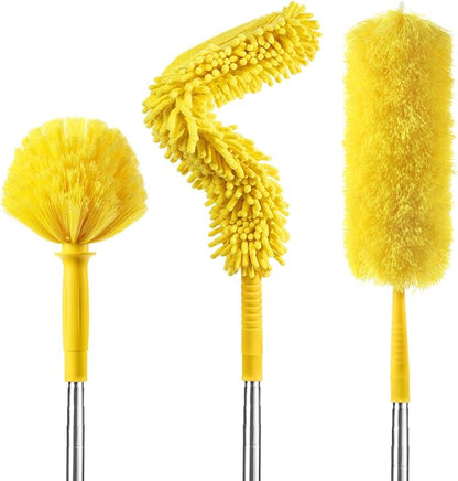 17 Foot High Reach Duster Kit with 2-to-9 Foot Extension Pole, Newliton 3-in-1 High Ceiling Chenille Duster, Microfiber Duster, Cobweb Duster, Indoor & Outdoor Extendable Bendable Duster Cleaning Set