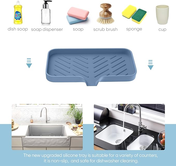 Silicone Sink Tray, Self-Draining Kitchen Soap Tray, Premium Silicone Soap Holder for Bathroom, Kitchen Counter Sink Caddy Organizer