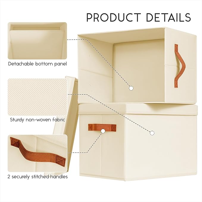Storage Bins with Lids - Fabric Storage Baskets for Shelves, 4 Pack Foldable Decorative Boxes with Handles, Stackable Organizer Bins for Home, Nursery, Dorm, Beige