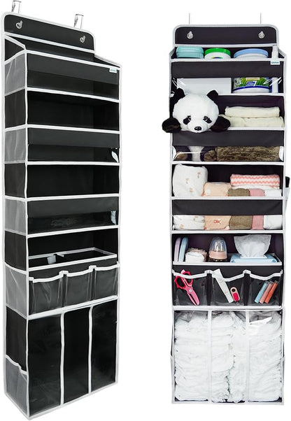 Door Hanging Storage Organizer,with 3 Bins 1 Movable Baby Diaper Caddy,1 Large capacity diaper stacking storage Organizer,10 Side Pockets ,Bedroom Door Storage for Nursery Baby Essentials. (Dark grey)