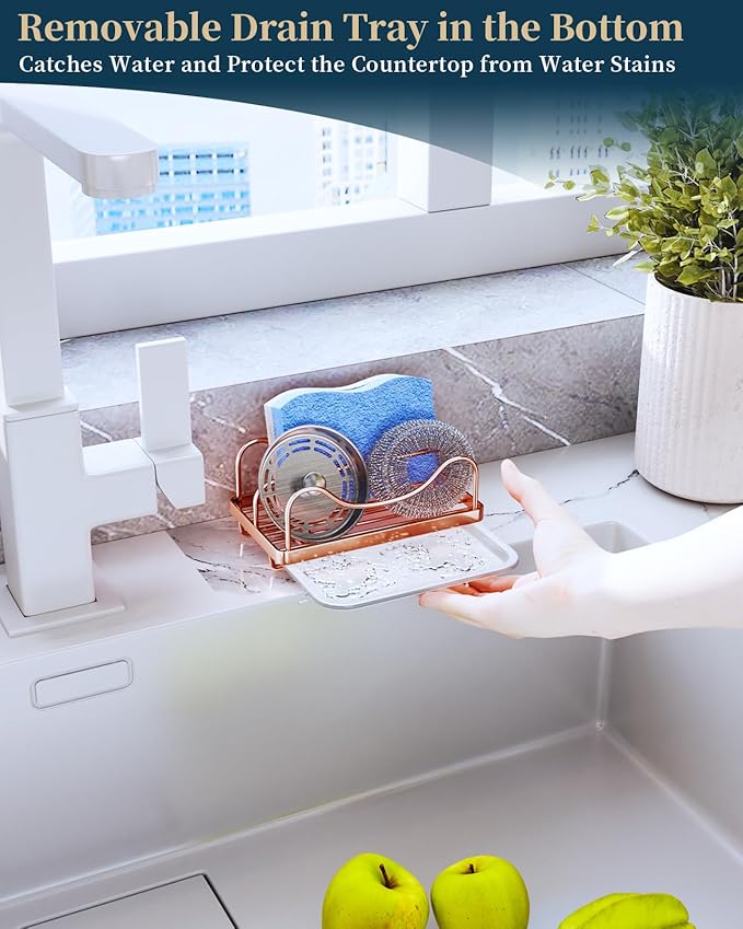 Consumest Sponge Holder for Kitchen Sink - Movable Sink Caddy for Countertop Organizer, 304 Stainless Steel Sponge Holder with Detachable Drip Tray for Kitchen Accessories, Rose Gold