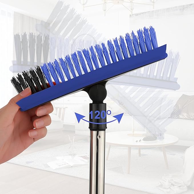 2 in 1 Floor Scrub Brush Grout Brush with 57.8" Long Handle,120°Rotatable Shower Tile Grout Scrubber,V-Shaped Corner Brush for Hard to Reach Areas (Blue)