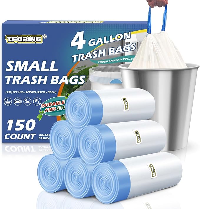 150 Count 4 Gallon Trash Bags Drawstring - 1.1 Mil Heavy Duty Small Garbage Bags Unscented for Bathroom, 15 Liter Thick Plastic Wastebasket Liners for Toilet Office and Bedroom