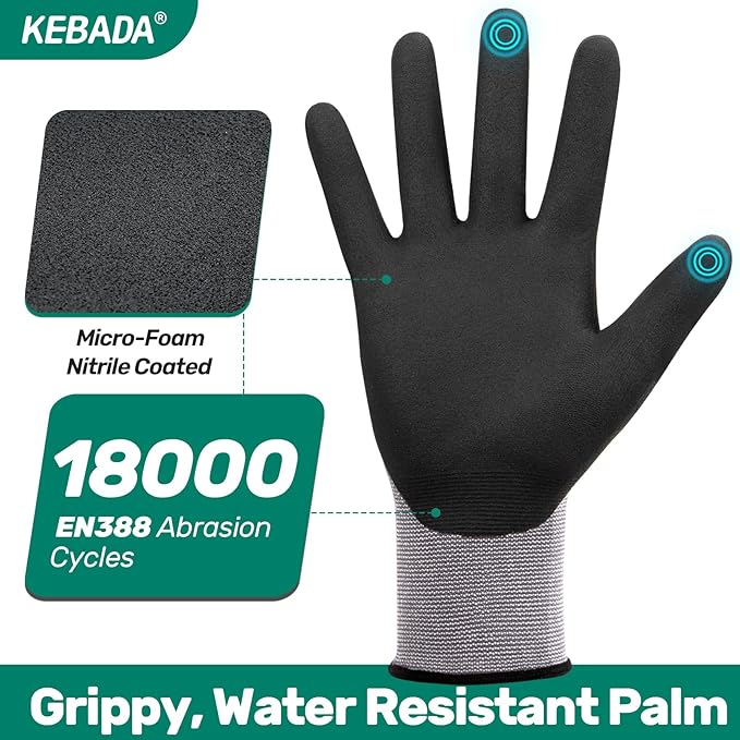 Kebada W2 Safety Work Gloves, Micro-Foam Nitrile Coated Gloves, Touchscreen,Ideal for Package Handling, Gardening, Construction, 1 Pair Medium