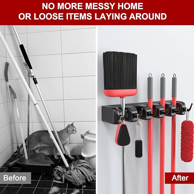 LETMY Broom Holder Wall Mount - Mop and Broom Hanger Holder - Garage Storage Rack & Garden Tool Organizer - 5 Position 6 Hooks Broom Rack for Home, kitchen, Garden, Tools, Garage Organization - Black