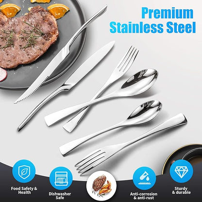 Lemeya 24-Piece Silverware Set with Steak Knives,Forged 18/10 Stainless Steel Cutlery Set for 4,Modern Heavy Duty Flatware Utensils Set,Forks Spoons and Knives Set, Mirror Polished,Dishwasher Safe