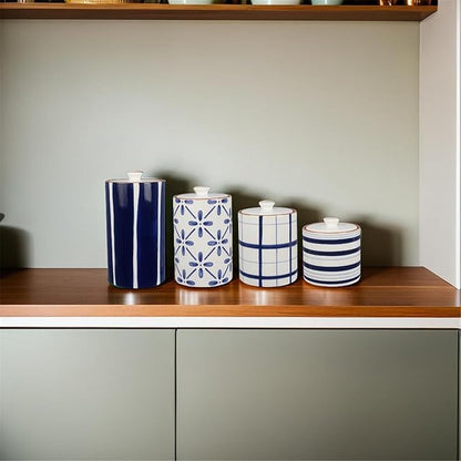 Young's Inc. 4 Pcs Set Cylindrical Ceramic Canisters- Storage Container for Kitchen and Bathroom - Beautiful Home Decor Accent to Store Food, Coffee, Tea, and More - White, Blue