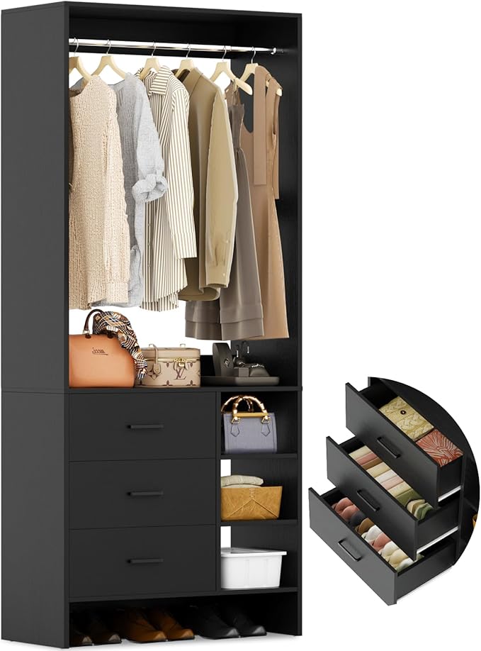 Aheaplus 2.5FT Closet System with 3 Drawers, 29.5’’ Closet Organizer, Wood Closet Organizer System, Walk-in Closet or Small Closets Wardrobe, Clothes Rack with Hanging Rods,-E6, Black