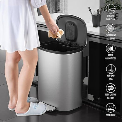 13 Gallon Stainless Steel Foot Pedal Large Trash Can with Soft Close Quiet Curved Surface Top Lid and Deodorant Storage Space, with 30 Garbage Bags for Kitchen/Home/Office Trash can and More - Silver