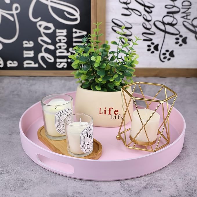 Round Pink Decorative Serving Tray with Handles, 13” Versatile Ottoman Tray for Coffee Table, Entertaining, Outdoor Patio, Living Room