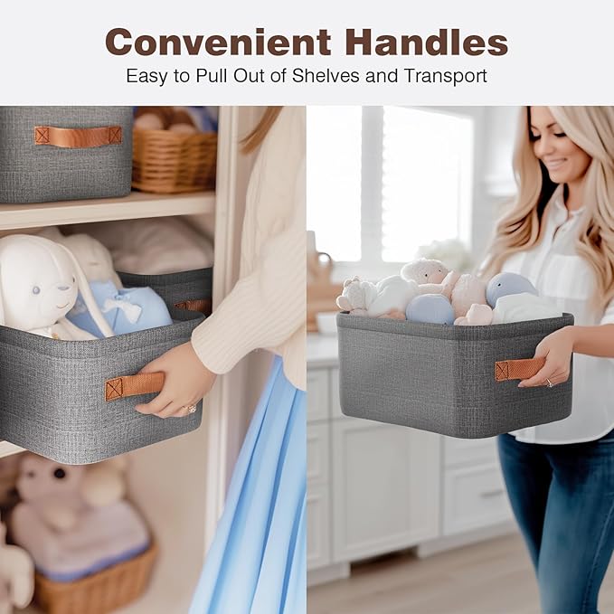 Large Storage Baskets for Shelves 3 Packs, Fabric Storage Bins for Shelves with Handles, 11.8'' L ×7.8'' W × 5.1'' H Collapsible Baskets for Organizing Clothes, Toy, Grey