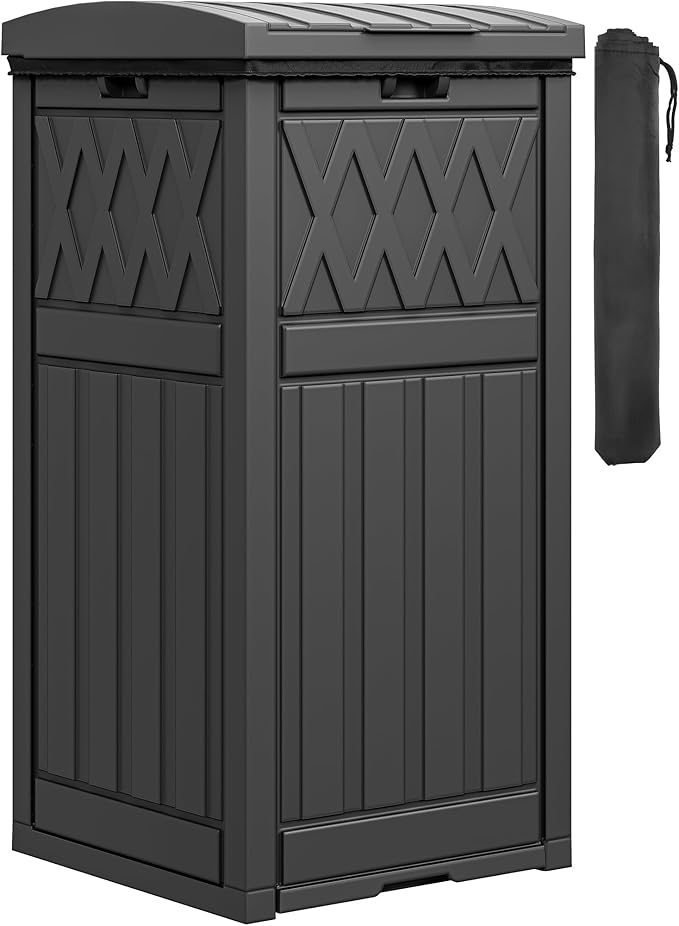 DWVO 36-Gallon Outdoor Trash Can with Fabric Bag, Tiered Lid & Drip Tray, Waterproof Resin Garbage Bin for Patio, Deck, and Backyard, Black