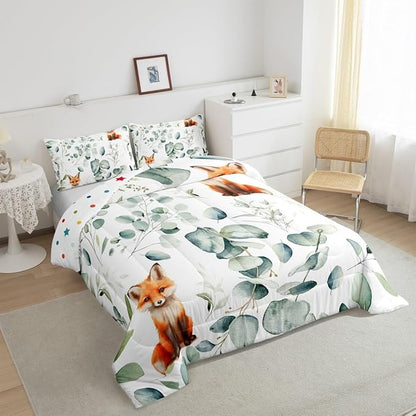 Erosebridal Girls Cartoon Animal Full Bedding Sets for Kids Toddler Kawaii Fox Comforter Set, Woodland Wildlife Bedding Comforter Sets Jungle Wild Fox Duvet Insert, Green Eucalyptus Down Comforter