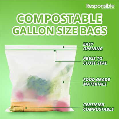 Responsible Products Certified Compostable Large GALLON Resealable Zip Bag, Extra Strength Food Bags, Made from Plant Materials (14 Pack)