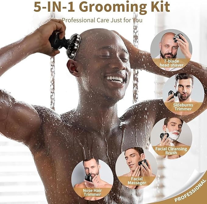 SHPAVVER Head Shavers for Bald Men: 5-in-1 Upgraded Electric Razor - IPX7 Waterproof Shaving Grooming Kit for Balder - Turbo Speed & Precision Blades (Light Black)