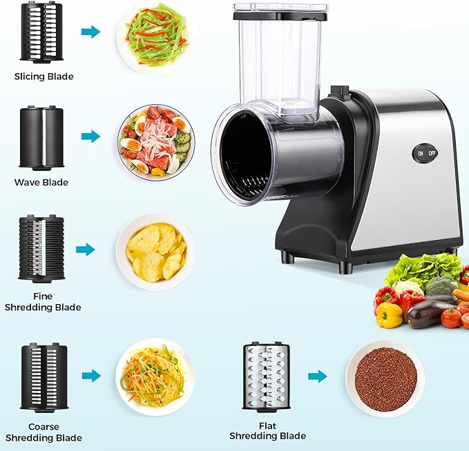 Electric Cheese Grater, 250W Electric Slicer Shredder, One-Touch Control Electric Salad Machine for Cheese, Fruits, Vegetables, Salad Maker with 5 Different Shapes of Blades, 2025 Upgrade