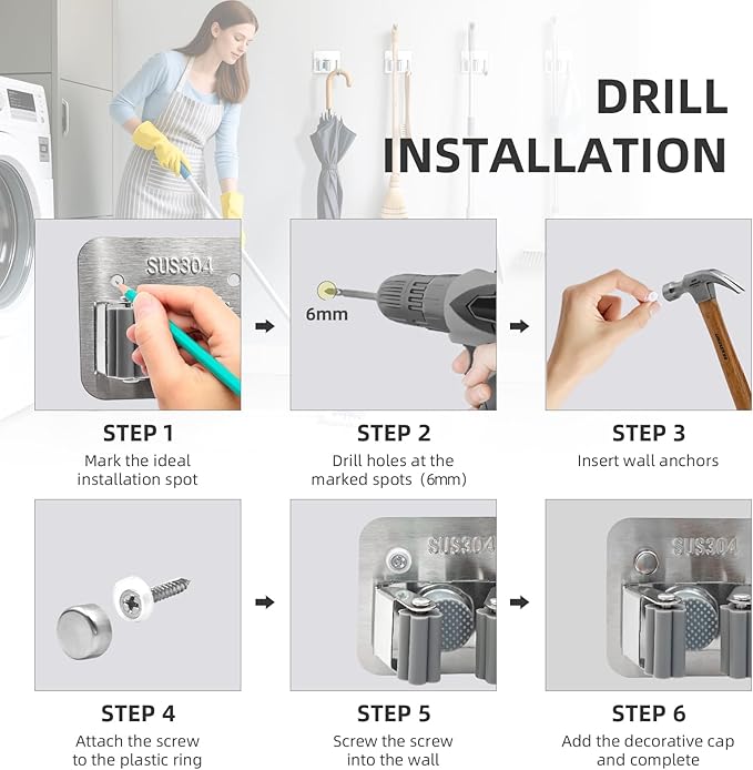 Broom Holder Wall Mount with Screws (4 Pack) Broom and Mop Organizer Wall Hanging, Anti-Slip Mop Holder Broom Hanger with Hooks, Stainless Steel Tool Rack for Garden Garage Organization
