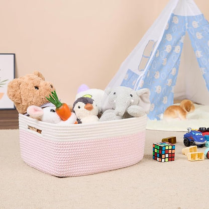 Large Storage Baskets for Shelves, Closet Organizers Bins for Clothes Blanket Towels, Baby Nursery, Toy Baskets Box, Woven Rope Baskets, 17 x 13 x 7.5”, 2 Packs Woven Pink