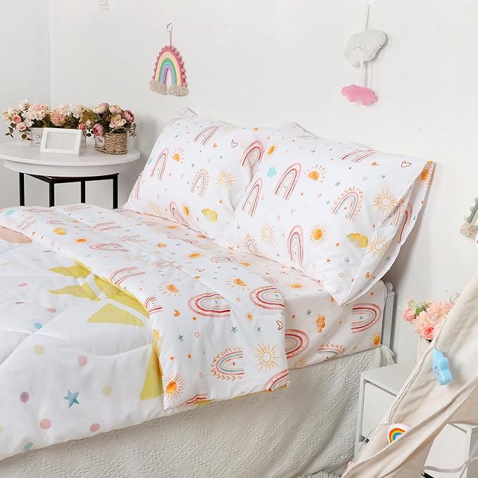 Twin Size Toddler Bedding Set for Girls- 5 Piece Rainbow Toddler Girl Bedding, Super Soft & Lightweight Toddler Comforter Set Includes Comforter, Flat Sheet, Fitted Sheet, Pillowcase (Pink)