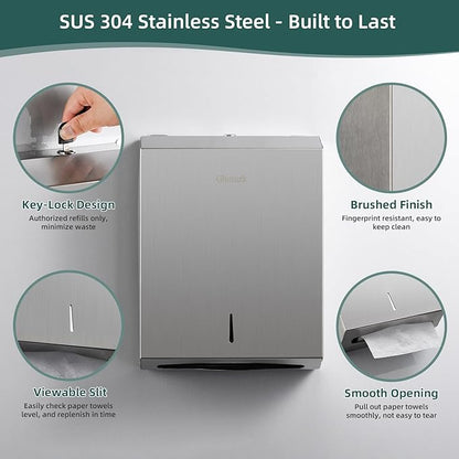 Paper Towel Dispenser Wall Mount, Large Commercial C/Z Tri Fold Multifold Hand Towels Dispenser, Brushed Stainless Steel Paper Towel Holder with Lock for Bathroom, Restroom and Public Places